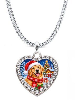 Christmas Golden Retriever Heart Rhinestone Pendant Necklace 4 Chain Sizes